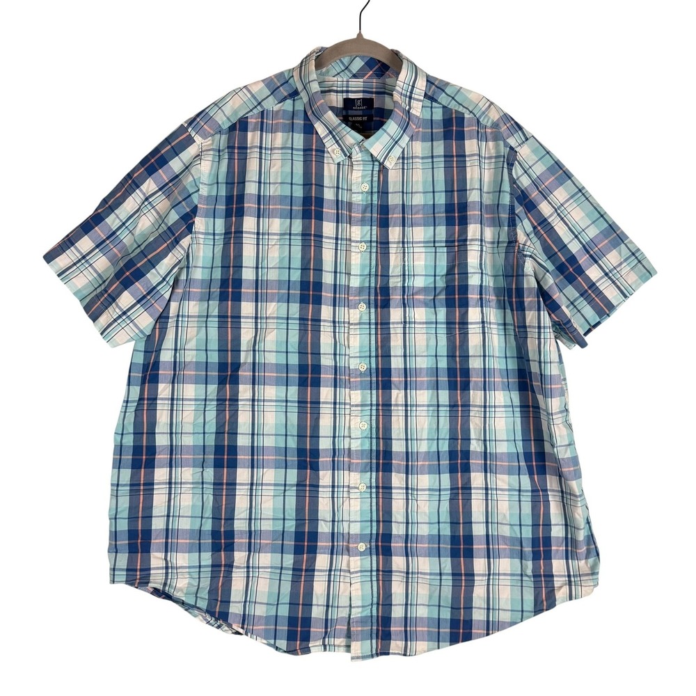 George Shirt Mens 3XL Blue Plaid Short Sleeve Button Down Classic Fit Stretch